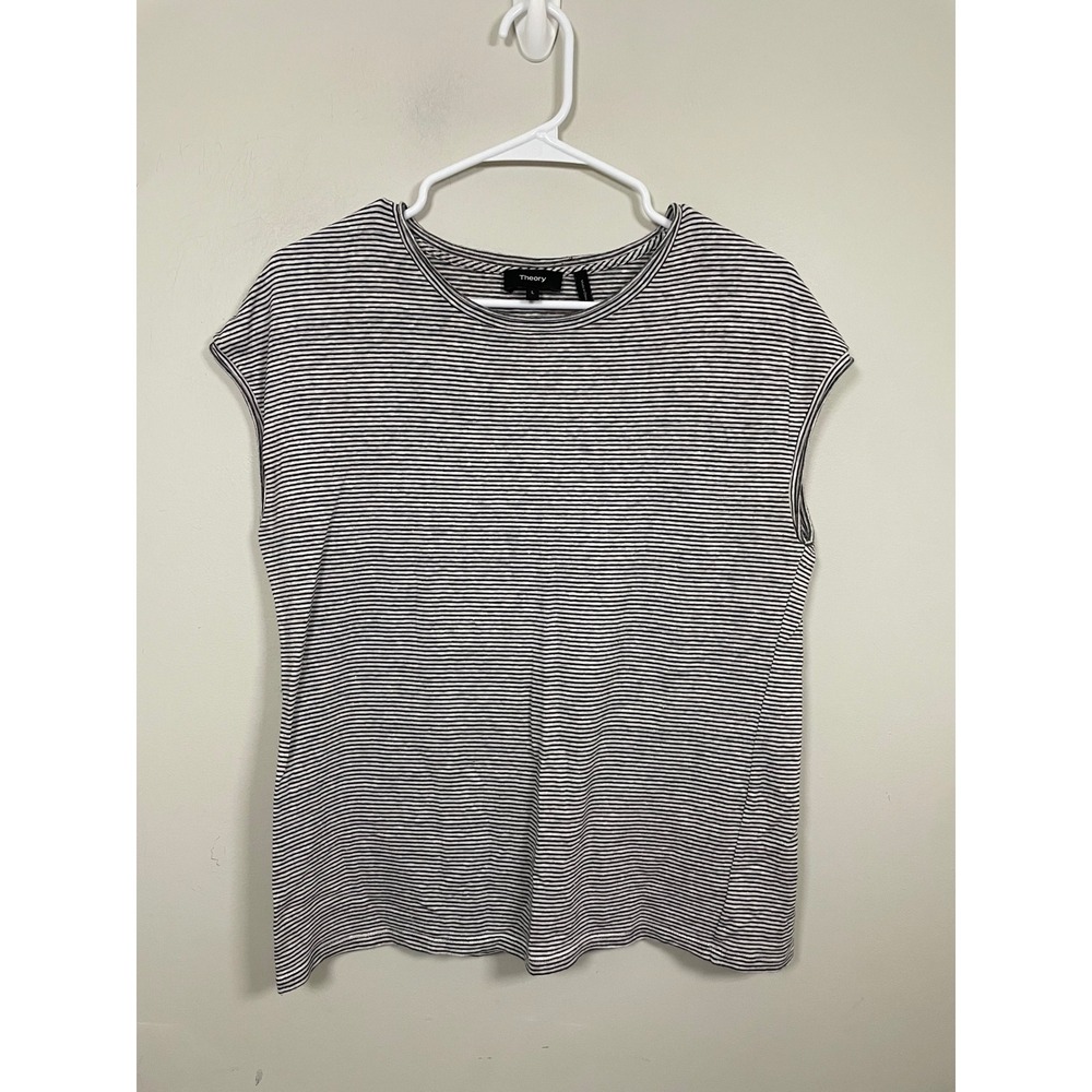 Theory Ginala Linen Blend Stripe Tee Size Large Classic Timeless Essential